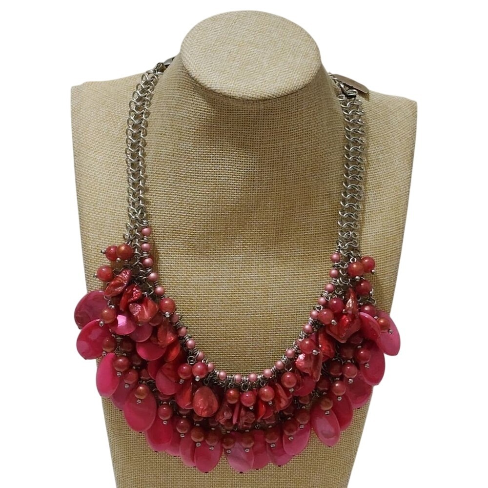 Treska Jewelry Pink Red Shell Statement Bib‎ Necklace Silver Tone Chain New